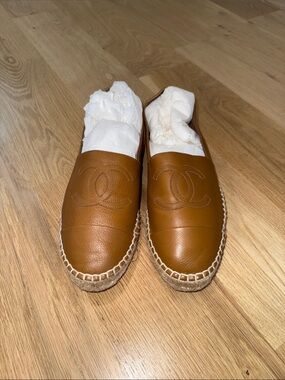 CHANEL Tan Leather Espadrille Flats